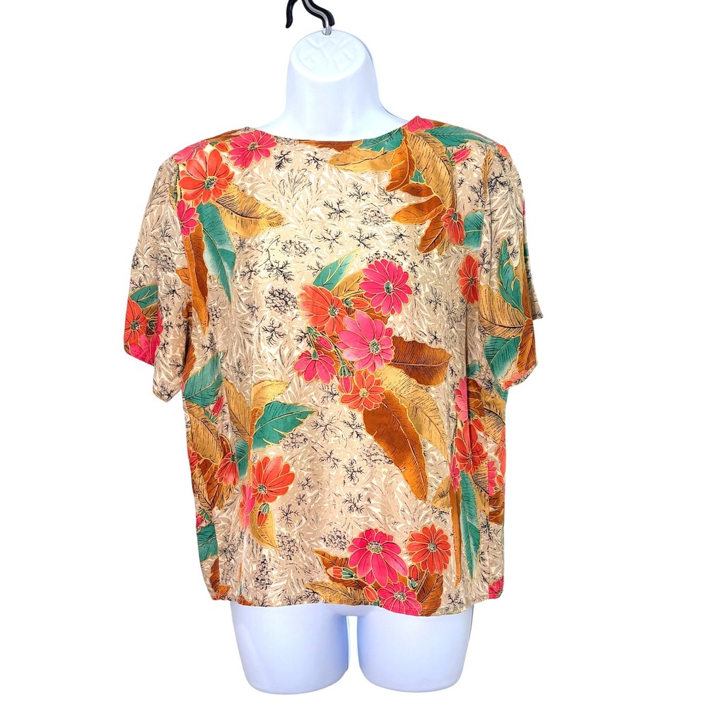 Vintage Tess Silk Blouse Top Womens Medium Tropical Floral Resort Cruise Artsy